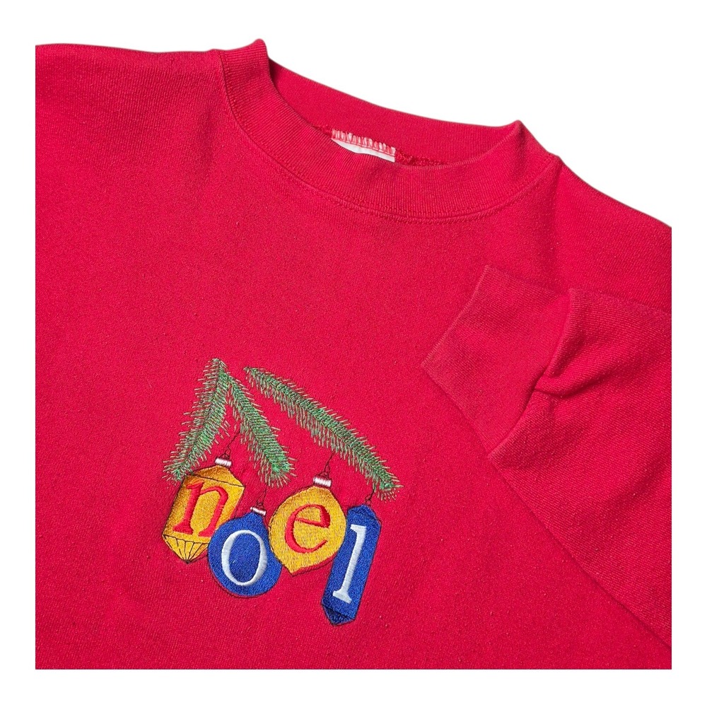 VTG Tultex Womens L Red Christmas Sweatshirt‎ Noel Embroidered Ornaments Holiday